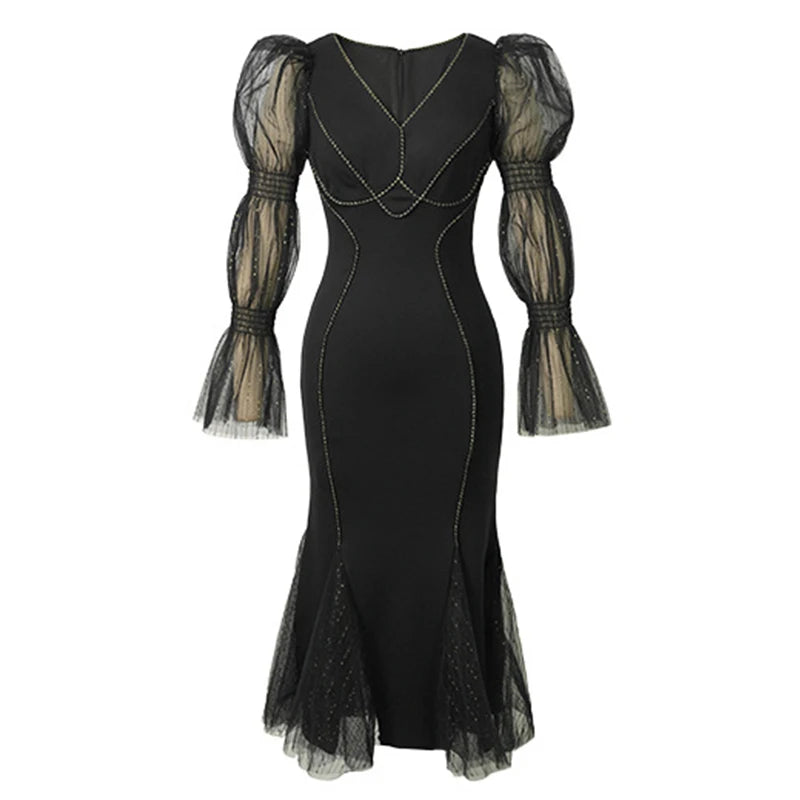 Elegant Mesh Spliced Embroidered Fishtail Prom Dress