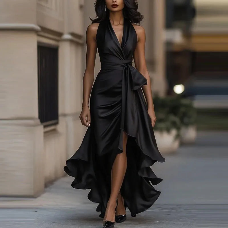 Elegant High Waist V-Neck Lace-Up Long Party Dress