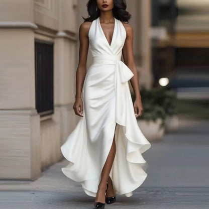 Elegant High Waist V-Neck Lace-Up Long Party Dress